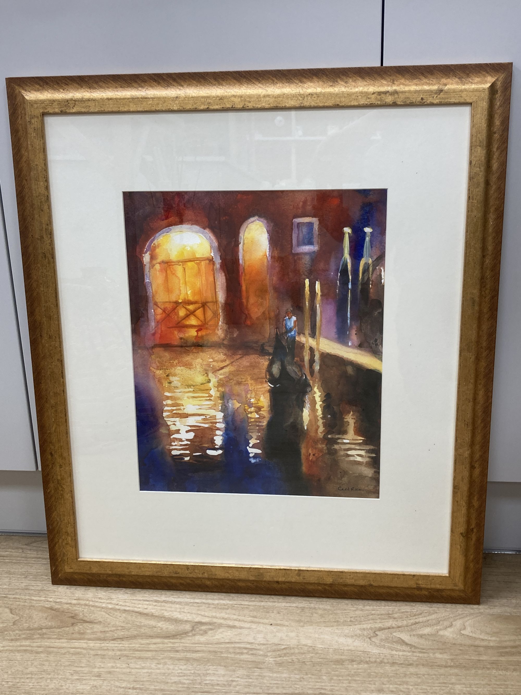 Cecil Rice, watercolour, Venetian canal at night, signed, 41 x 33cm